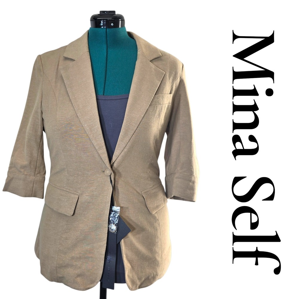 Mina Self Beige‎ Linen Flax Blend 3/4 Sleeve Blazer Jacket Size M